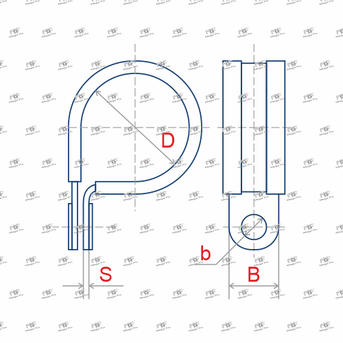 Схема обрезиненной скобы (P-образного хомута) MGF